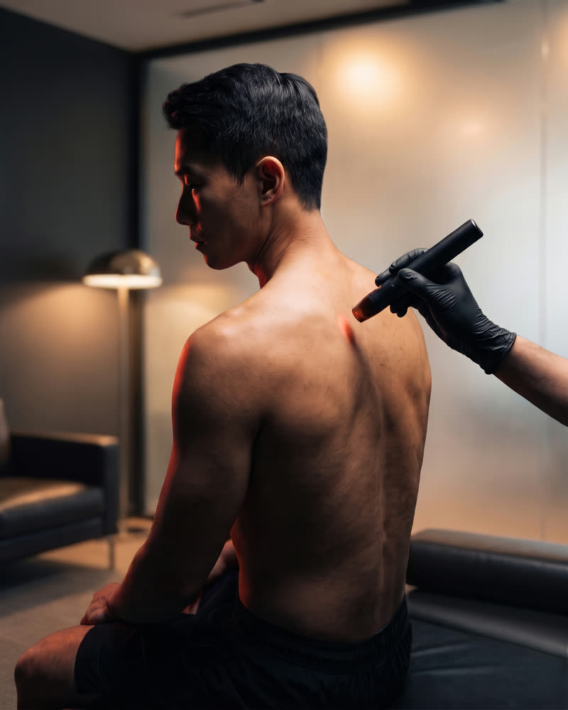 A gloved hand holds a laser handpiece near a man's shoulder blade