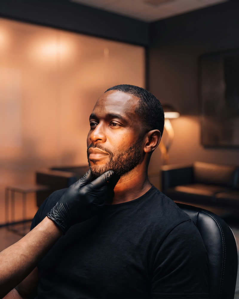 A man in a leather chair as a gloved hand checks the line of his jaw