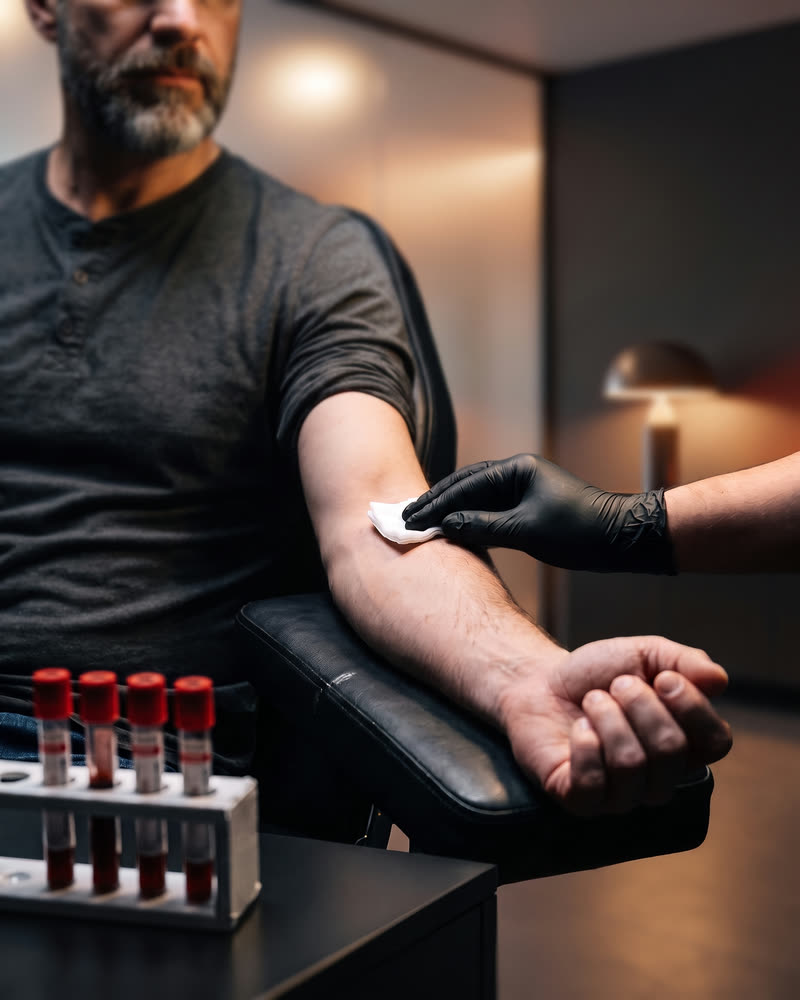 A gloved hand presses gauze to a man's inner elbow after a blood draw, with lab tubes in the foreground