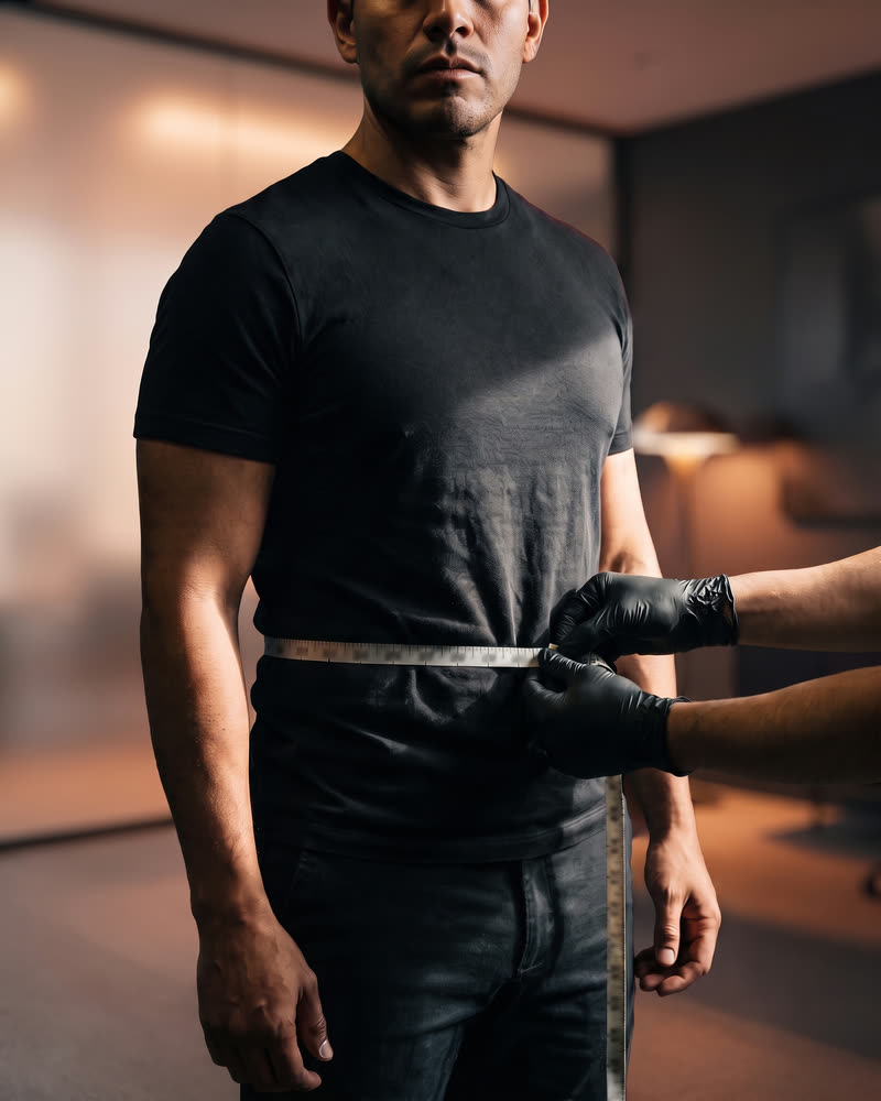 Gloved hands measure a man's waist with a tape